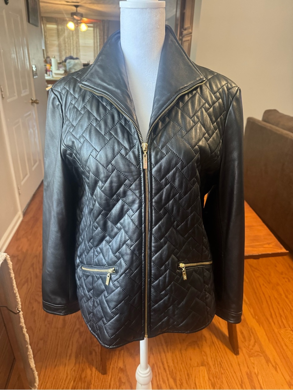 Cole Haan Women’s Quilted real lamb skin  Leather Jacket - Black